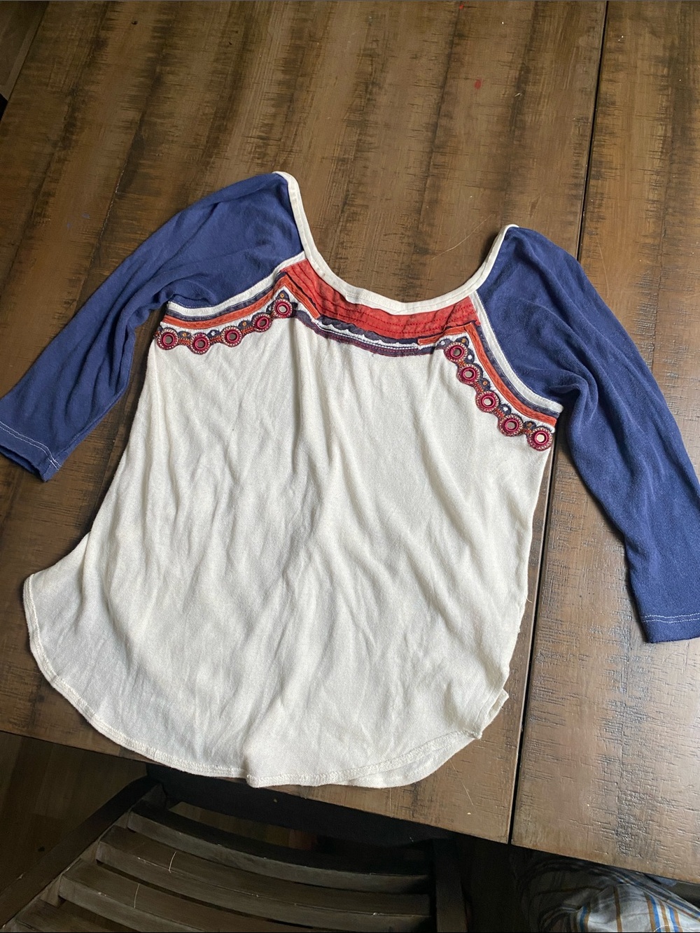 Free People Cream Scoop Neck Long Sleeve Tee with Blue Sleeves and Red Trim